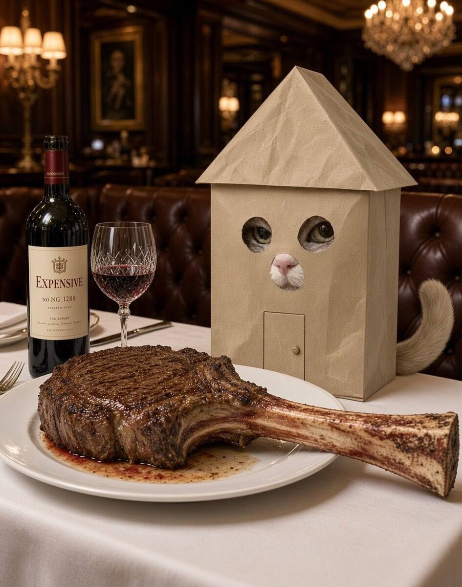 Dinner at eight. Ordered the expensive one. Never took the house off.